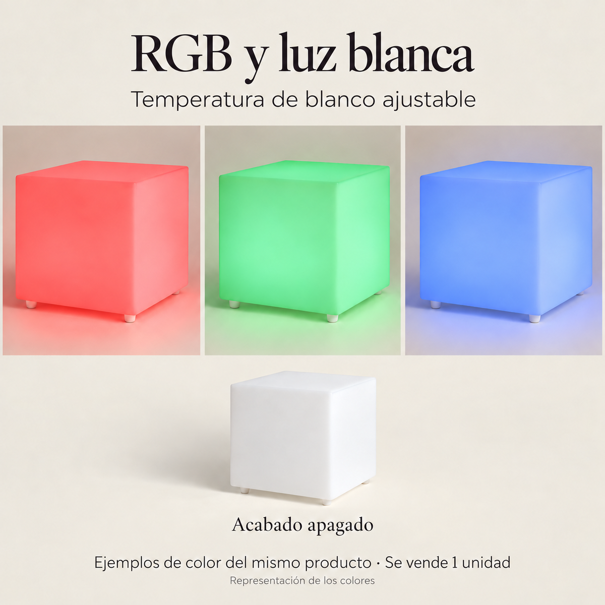 Cubo LED LedsCome de 38 cm mostrado en rojo, verde, azul y apagado; ejemplos del mismo producto, se vende una unidad.