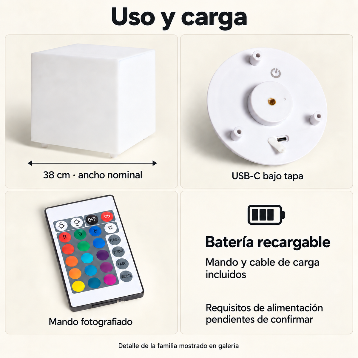 Cubo LedsCome de ancho nominal 38 cm, con módulo USB-C bajo tapa y mando rectangular fotografiado. Mando y cable de carga incluidos; requisitos de alimentación pendientes de confirmar. Detalle de la familia mostrado en galería.