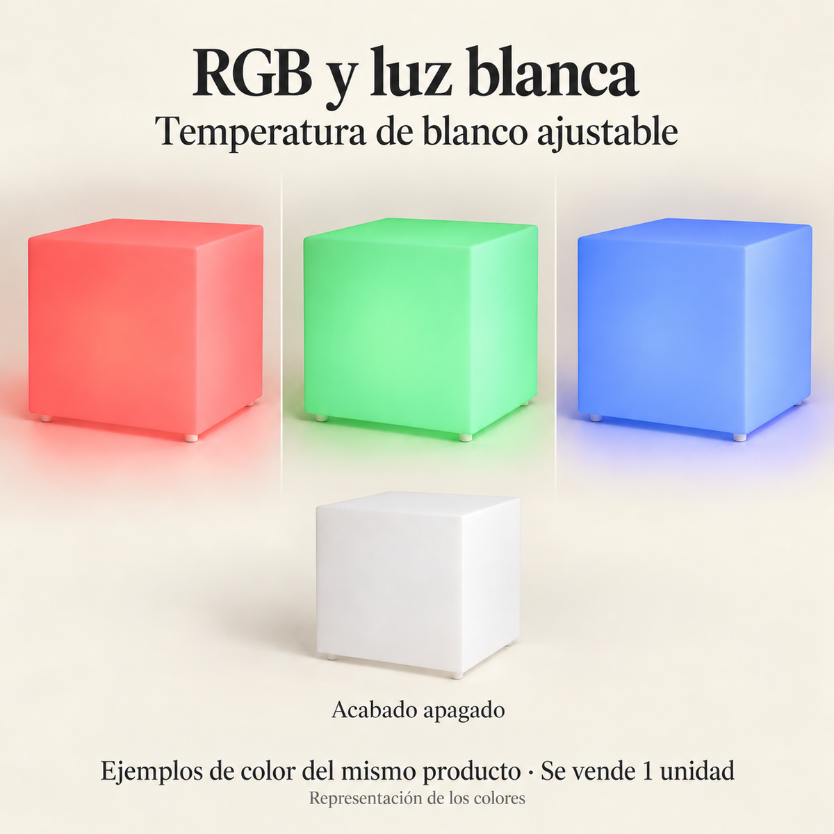 Cubo LED LedsCome de 50 cm mostrado en rojo, verde, azul y apagado; ejemplos del mismo producto, se vende una unidad.