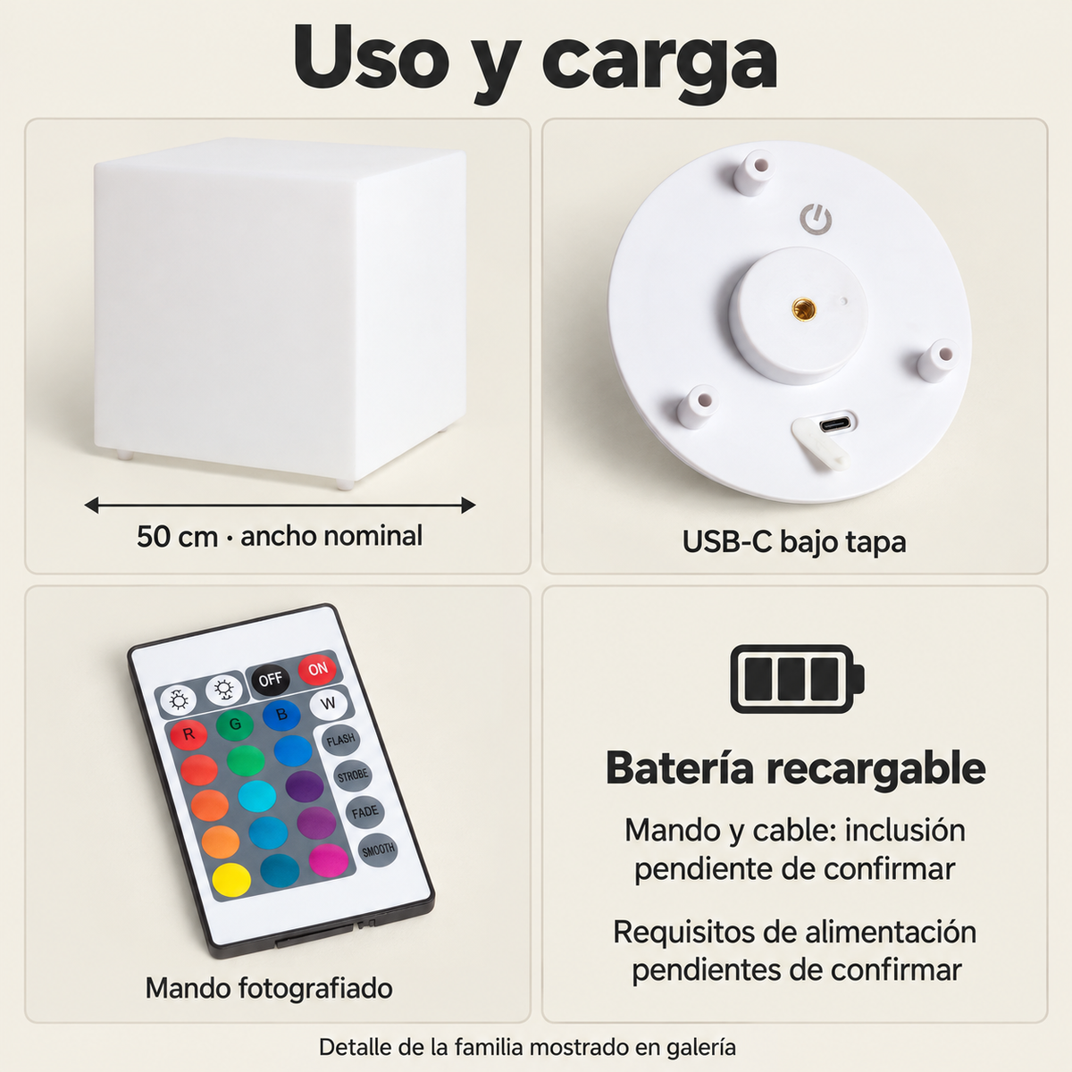 Cubo LedsCome de ancho nominal 50 cm, detalle de familia con USB-C bajo tapa y mando rectangular fotografiado; inclusión de mando y cable y requisitos de alimentación pendientes de confirmar.