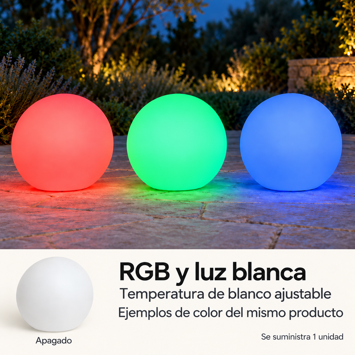 Esfera de 38 cm: ejemplos RGB, luz blanca con temperatura ajustable y vista apagada; suministro de una unidad
