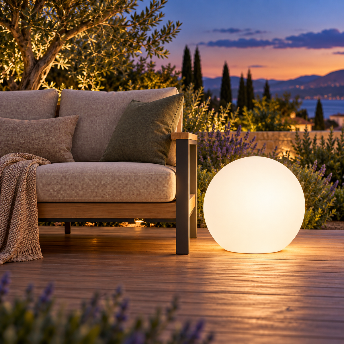 Representación ambiental orientativa de esfera ø45 cm con luz cálida junto a mobiliario de terraza; diámetro nominal de 45 cm
