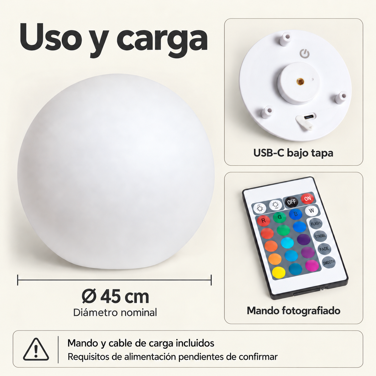 Esfera LedsCome de diámetro nominal 45 cm, con módulo USB-C bajo tapa y mando rectangular fotografiado. Mando y cable de carga incluidos; requisitos de alimentación pendientes de confirmar.