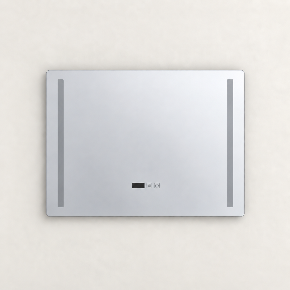 Espejo rectangular de 80 × 60 cm apagado, con bandas laterales y controles inferiores