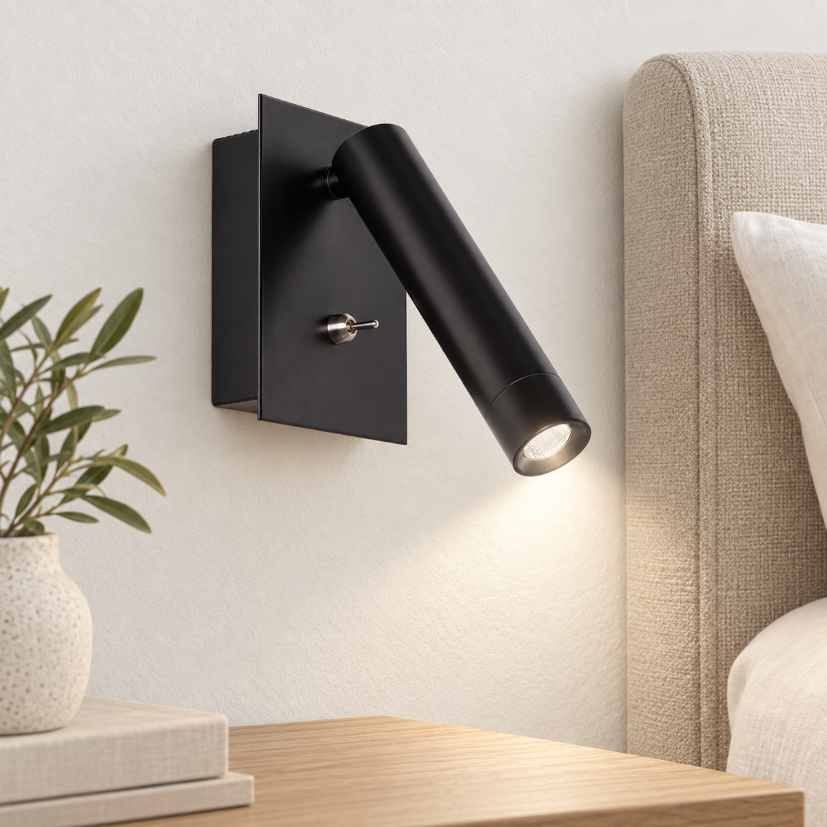 Aplique de lectura negro mate encendido con base rectangular junto a cabecero beige y mesilla de roble claro