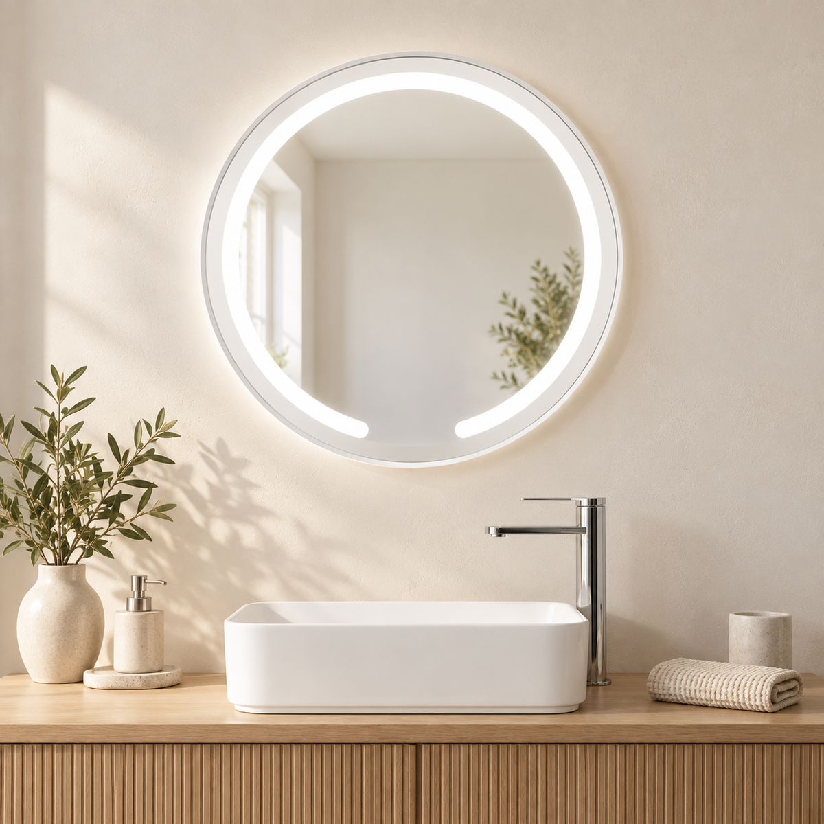 Espejo redondo de baño con aro LED abierto inferior encendido sobre lavabo blanco y mueble de madera clara