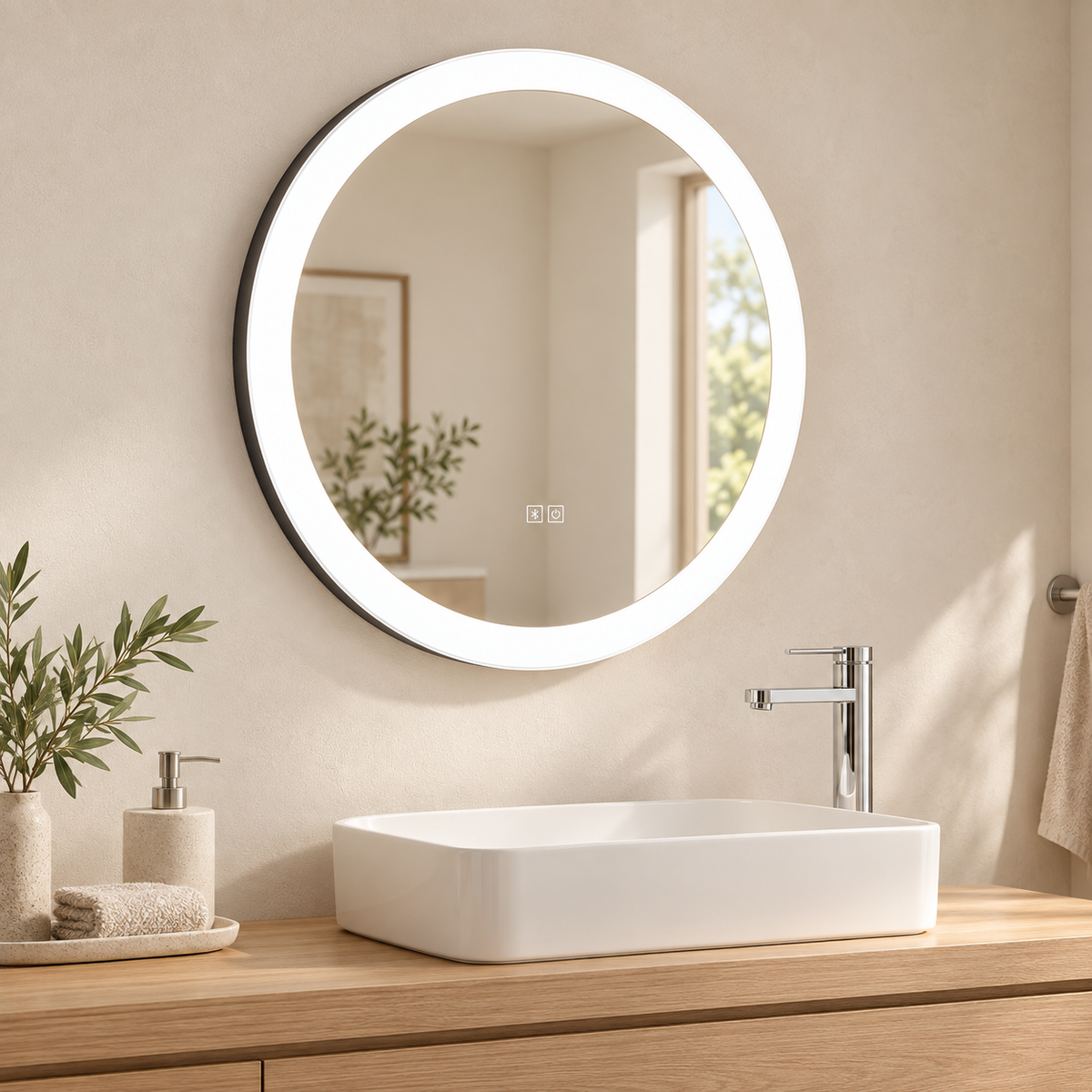 Espejo redondo con anillo LED ancho encendido y perfil negro instalado sobre un lavabo blanco
