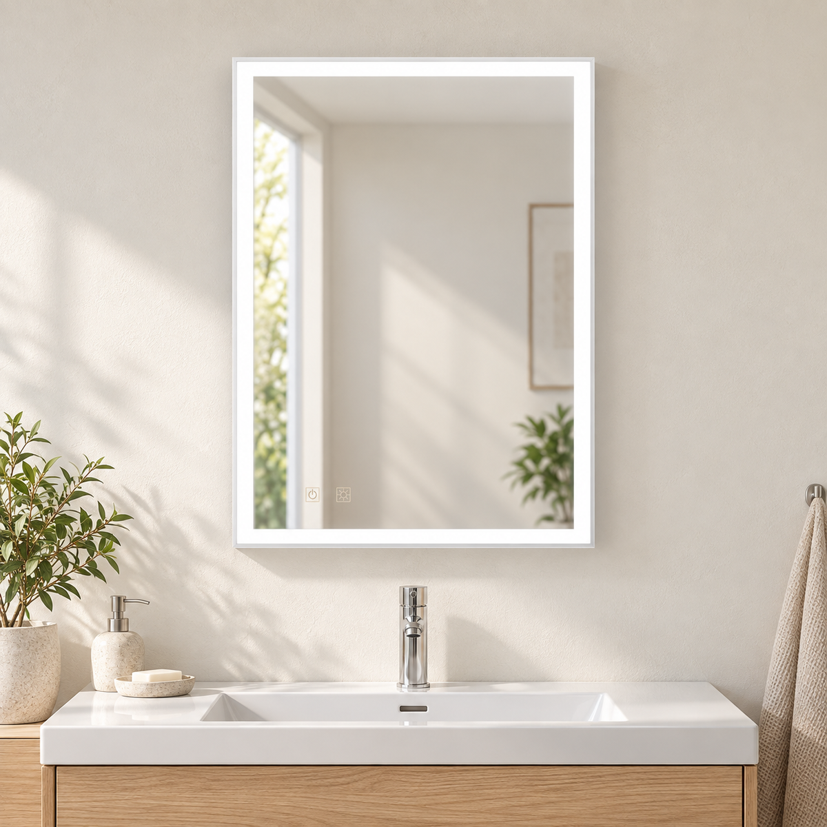 Espejo de baño vertical de 70 por 50 centímetros con marco LED blanco encendido sobre lavabo