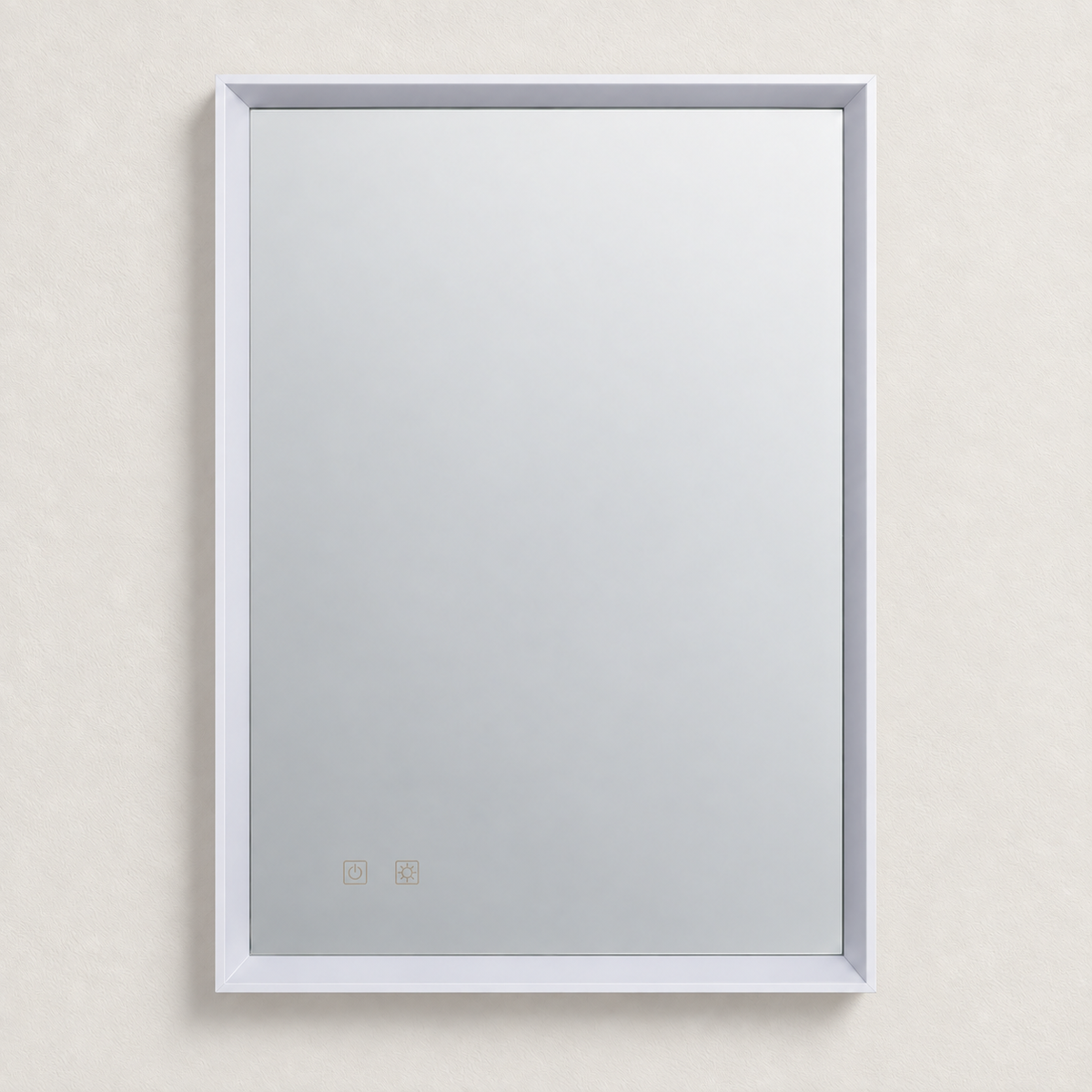 Espejo vertical de baño de 70 por 50 centímetros apagado con marco difusor y dos controles inferiores