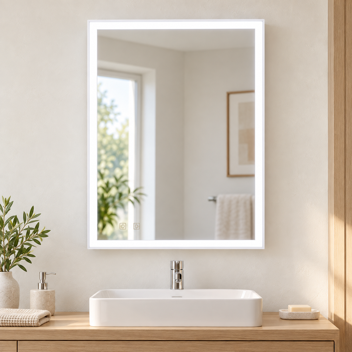 Espejo vertical de baño de 80 por 60 centímetros con marco LED blanco encendido sobre lavabo