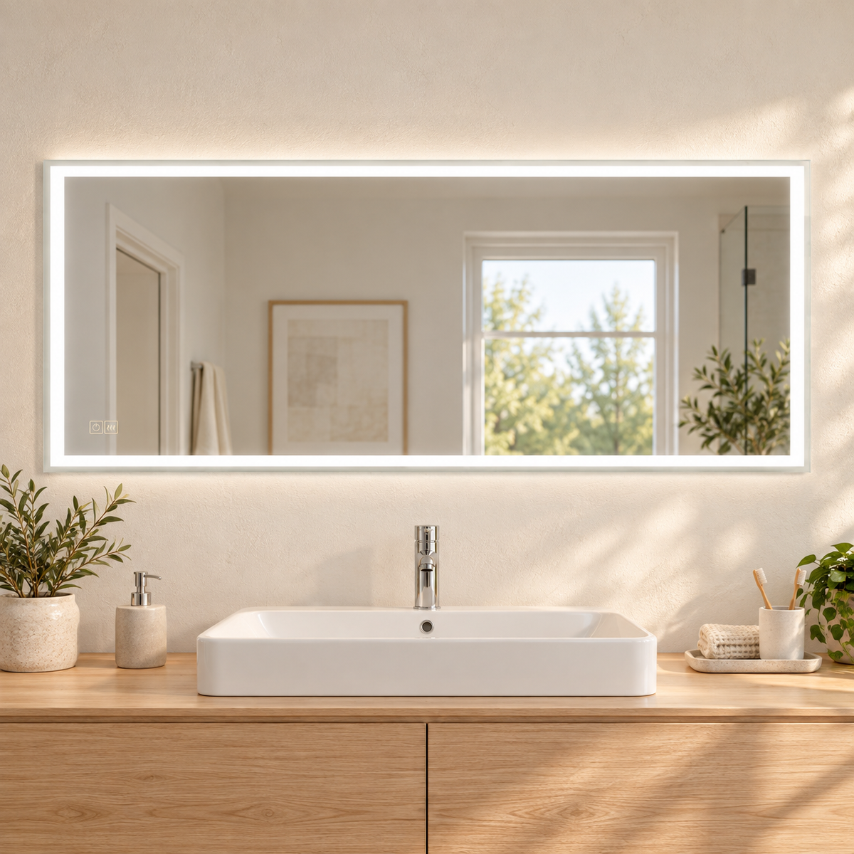 Espejo panorámico de baño de 150 por 60 centímetros con borde LED encendido sobre mueble de madera clara