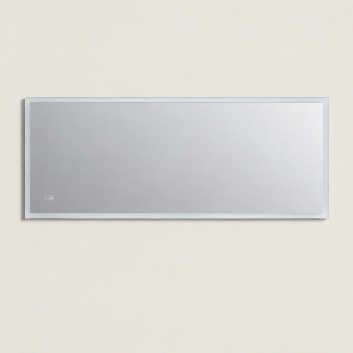 Espejo panorámico de baño apagado con marco LED fino y controles inferiores a izquierda
