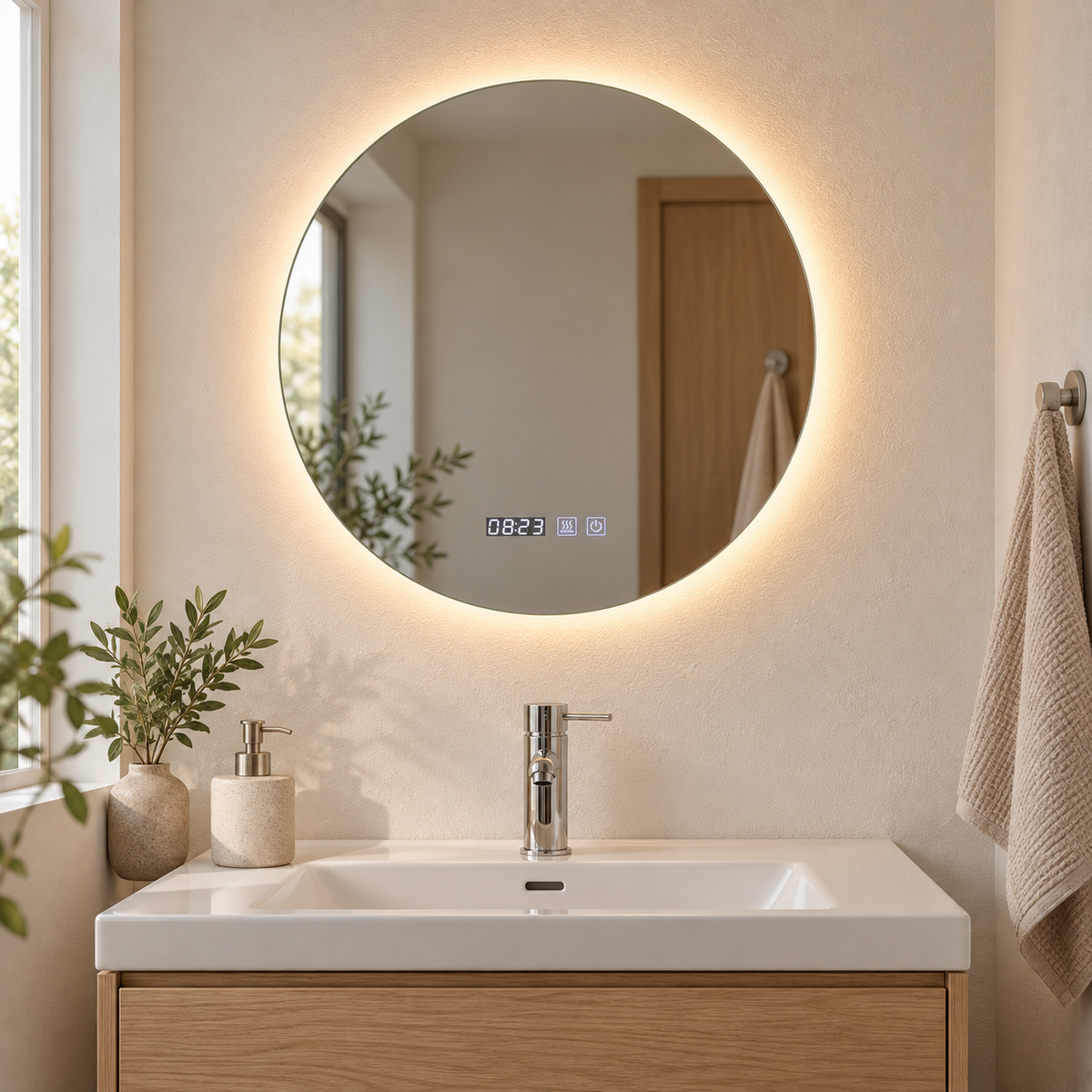 Espejo redondo de baño de 45 cm con halo posterior encendido, reloj digital y dos mandos táctiles