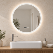 Espejo redondo de baño de 60 cm con aro LED encendido, reloj y controles sobre lavabo blanco