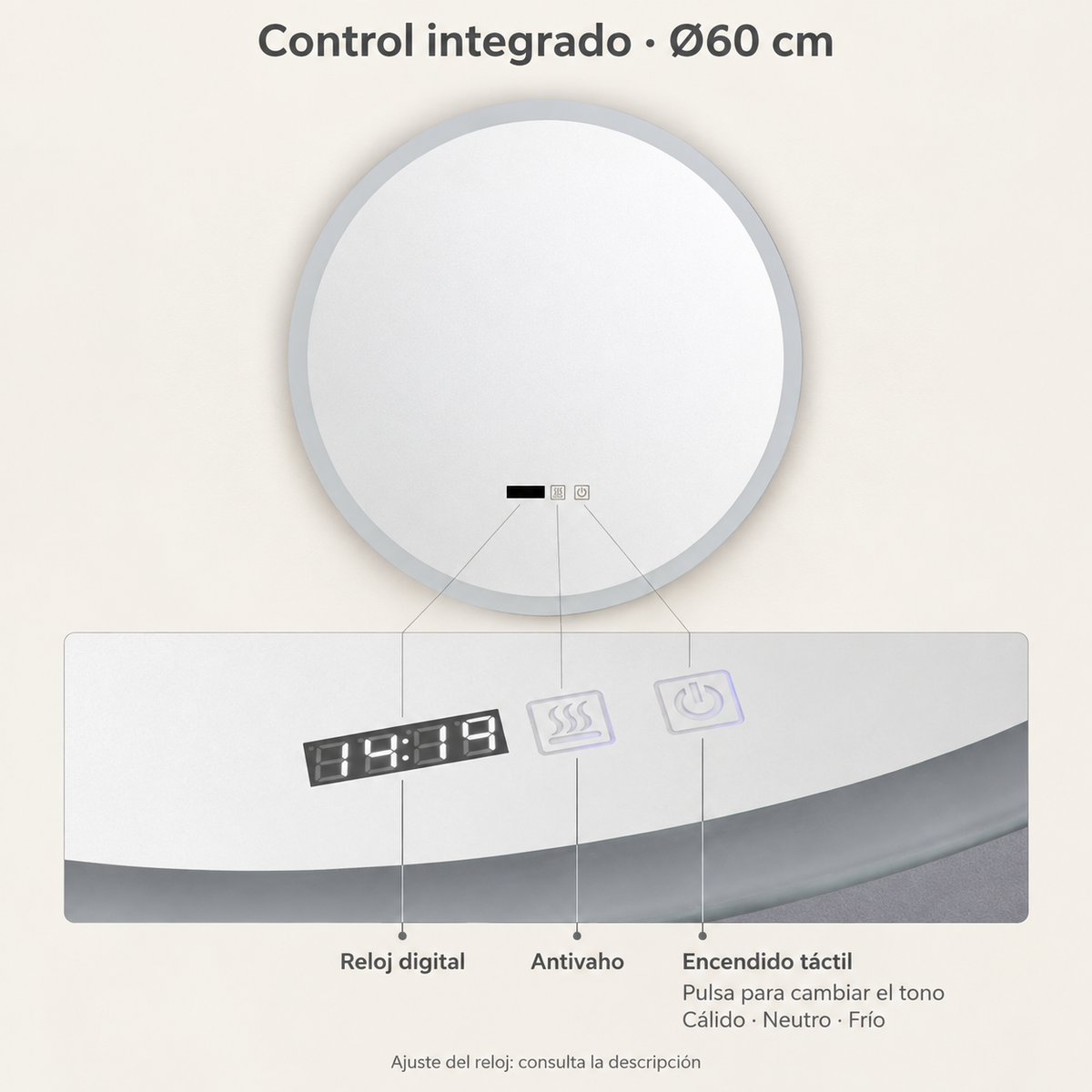 Espejo redondo de 60 cm con banda perimetral y detalle del reloj digital, antivaho y control táctil para cambiar el tono de luz.