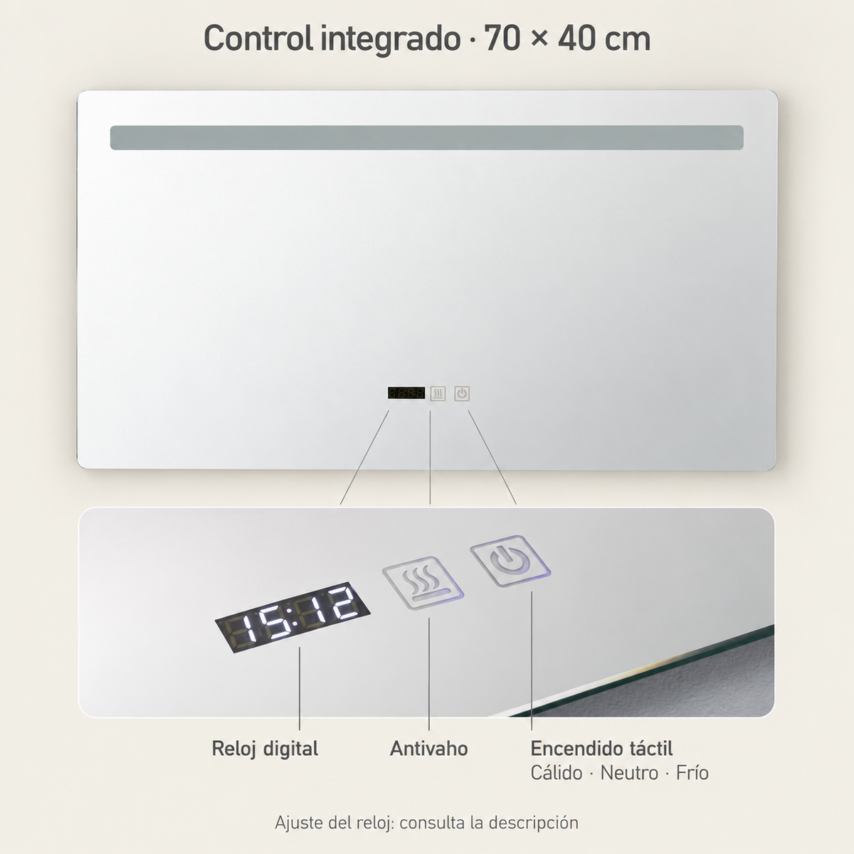 Espejo de 70 por 40 cm con franja LED superior y detalle de reloj digital, antivaho y encendido táctil; luz cálida, neutra o fría.
