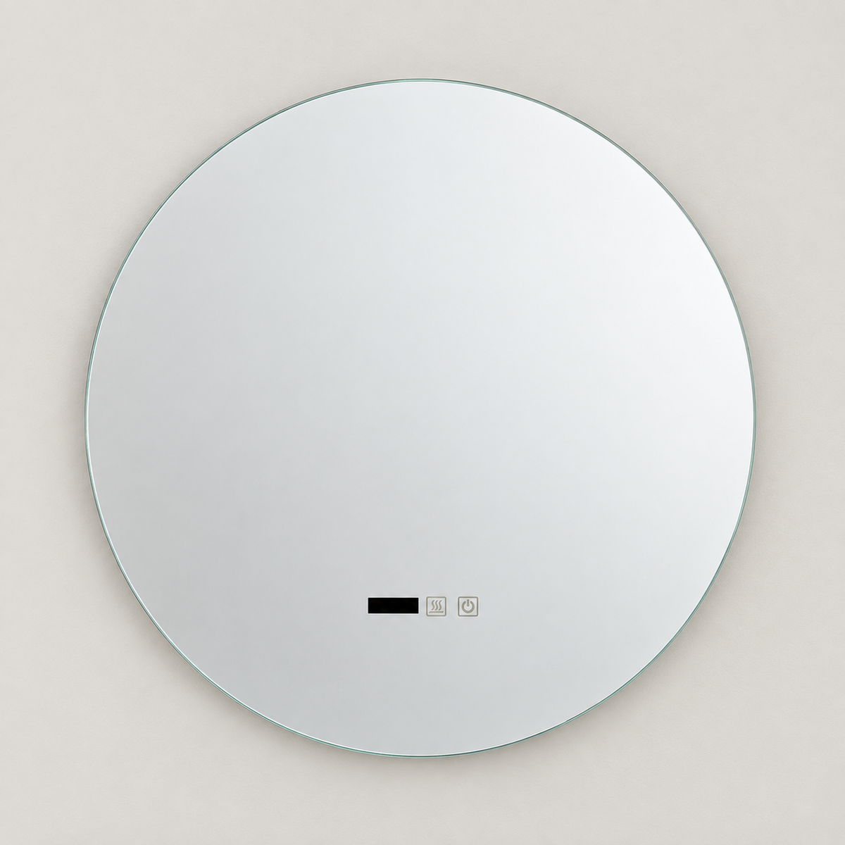 Espejo circular de 60 cm apagado con reloj y dos controles táctiles