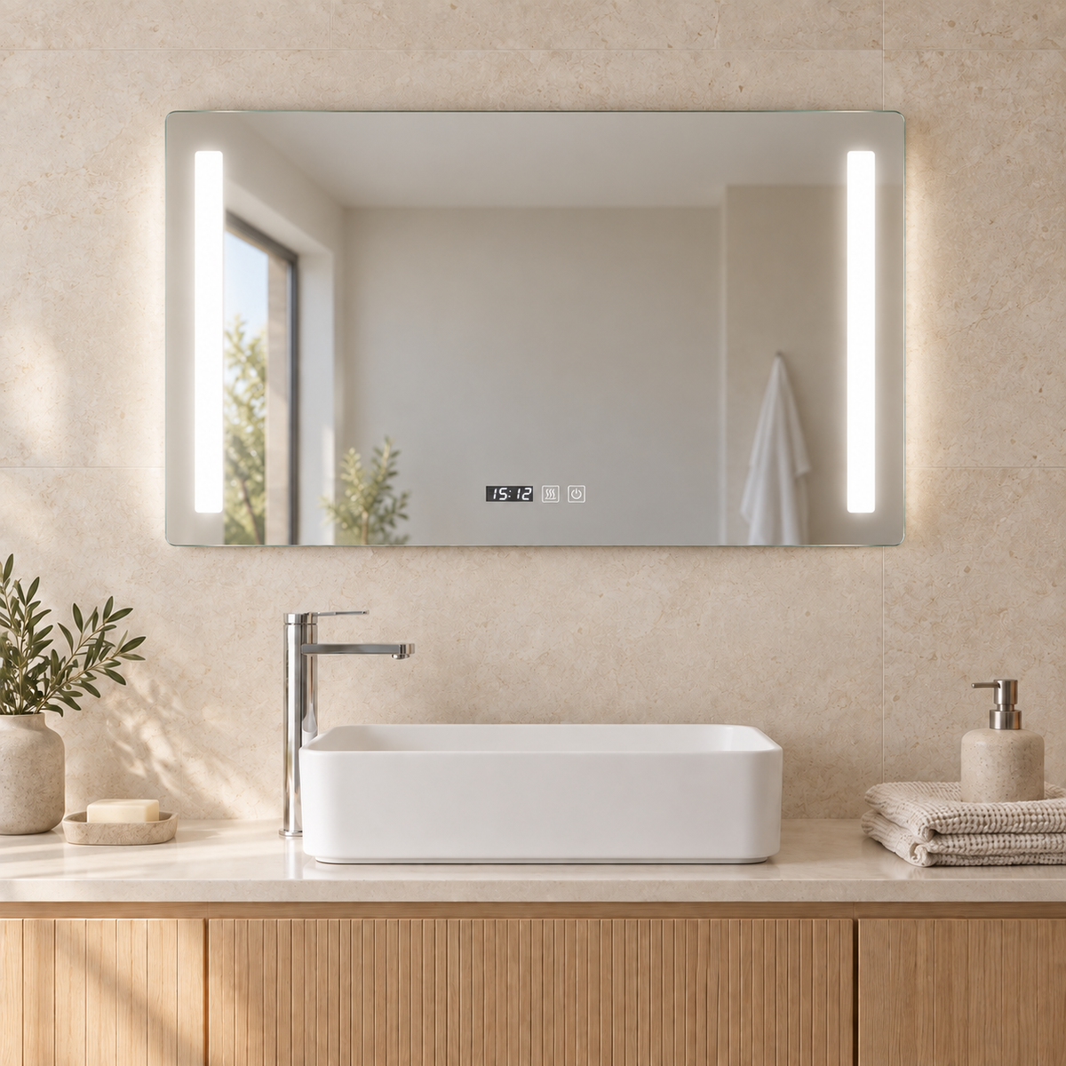 Espejo de baño de 70 por 40 cm con dos bandas LED laterales encendidas, reloj y mandos táctiles