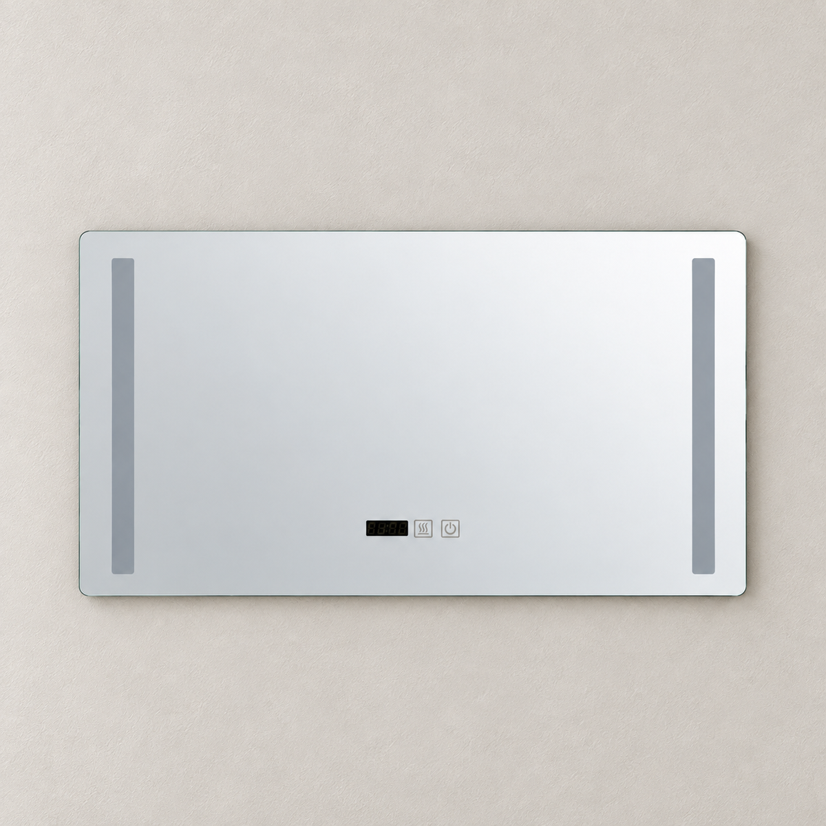 Espejo rectangular horizontal apagado con dos bandas laterales y reloj en la zona inferior