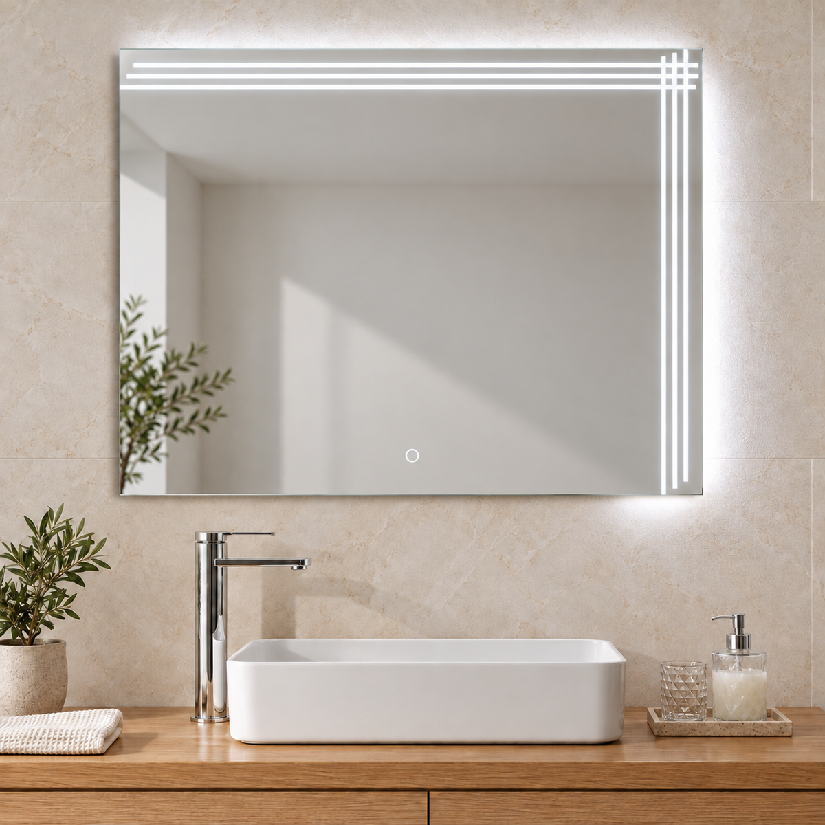 Espejo de baño de 80 por 60 cm con líneas LED blancas frías en la parte superior y derecha