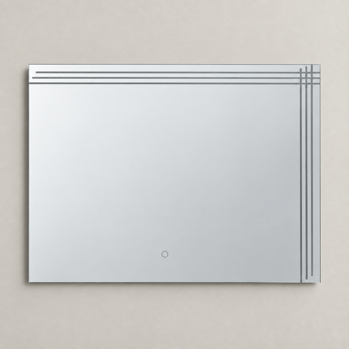 Espejo rectangular apagado con tres líneas superiores y tres laterales cruzadas