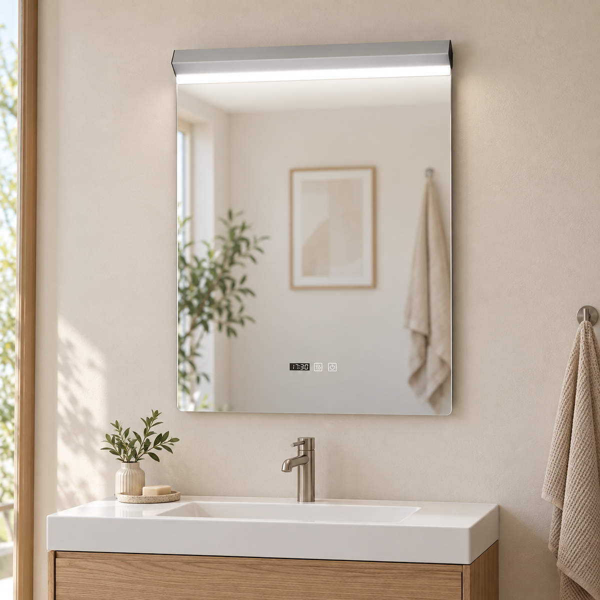Espejo de baño vertical de 60 por 85 cm con barra LED superior encendida, reloj y controles táctiles