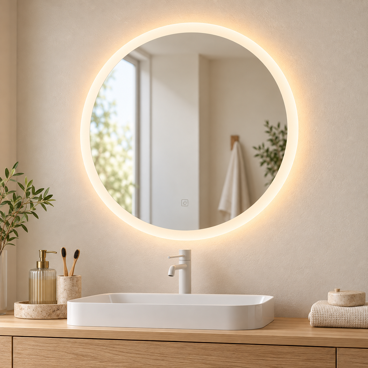 Espejo LED redondo encendido con borde de luz cálida sobre lavabo y mueble de madera clara