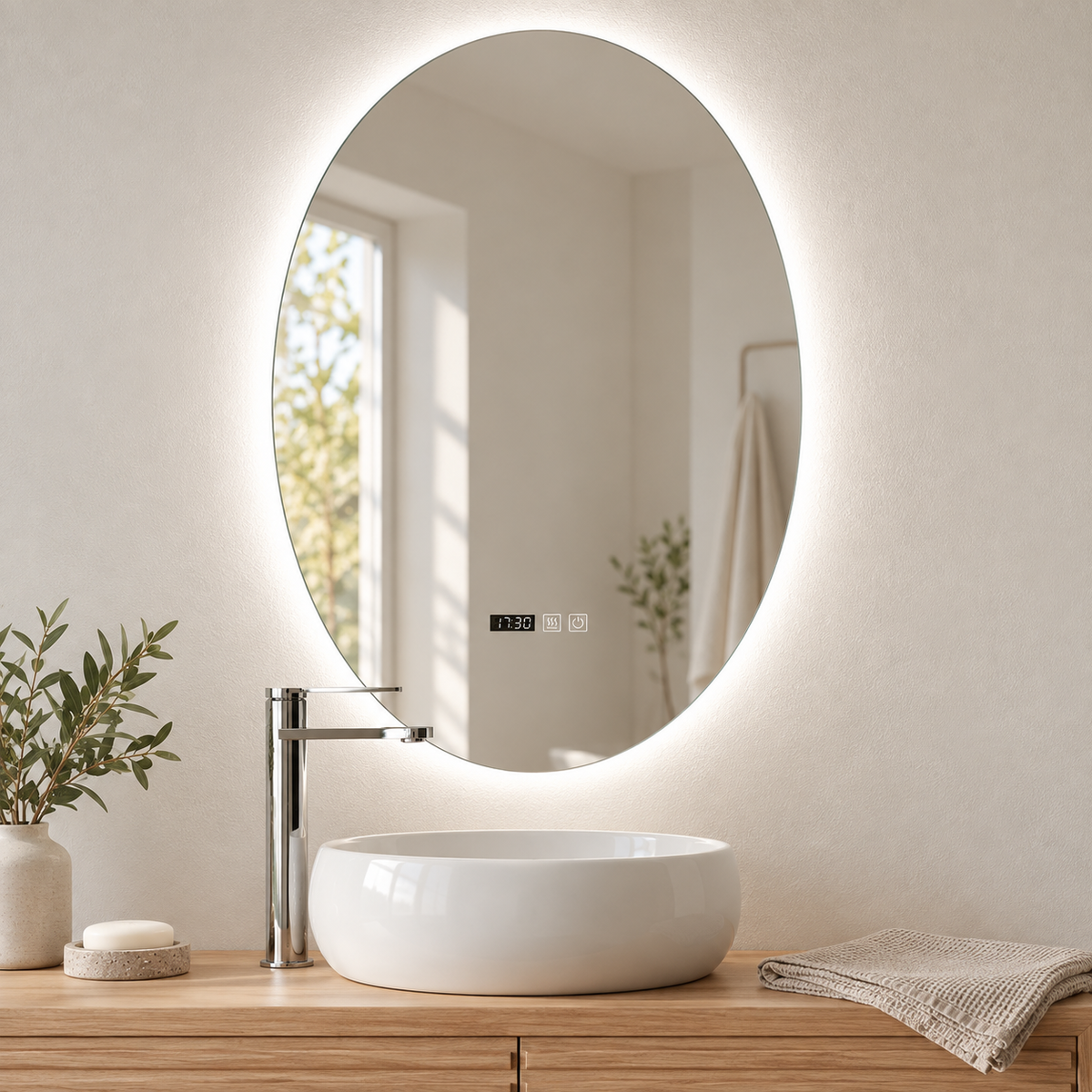 Espejo LED ovalado con halo blanco posterior, reloj y dos controles sobre lavabo blanco