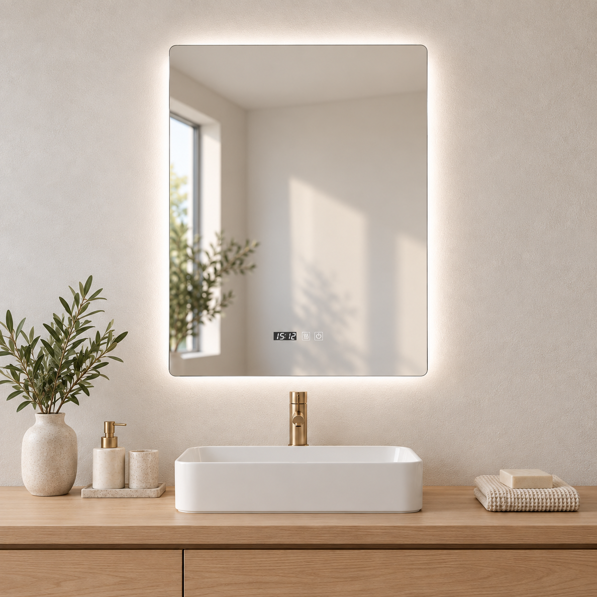 Espejo LED vertical con halo posterior blanco y reloj sobre lavabo blanco