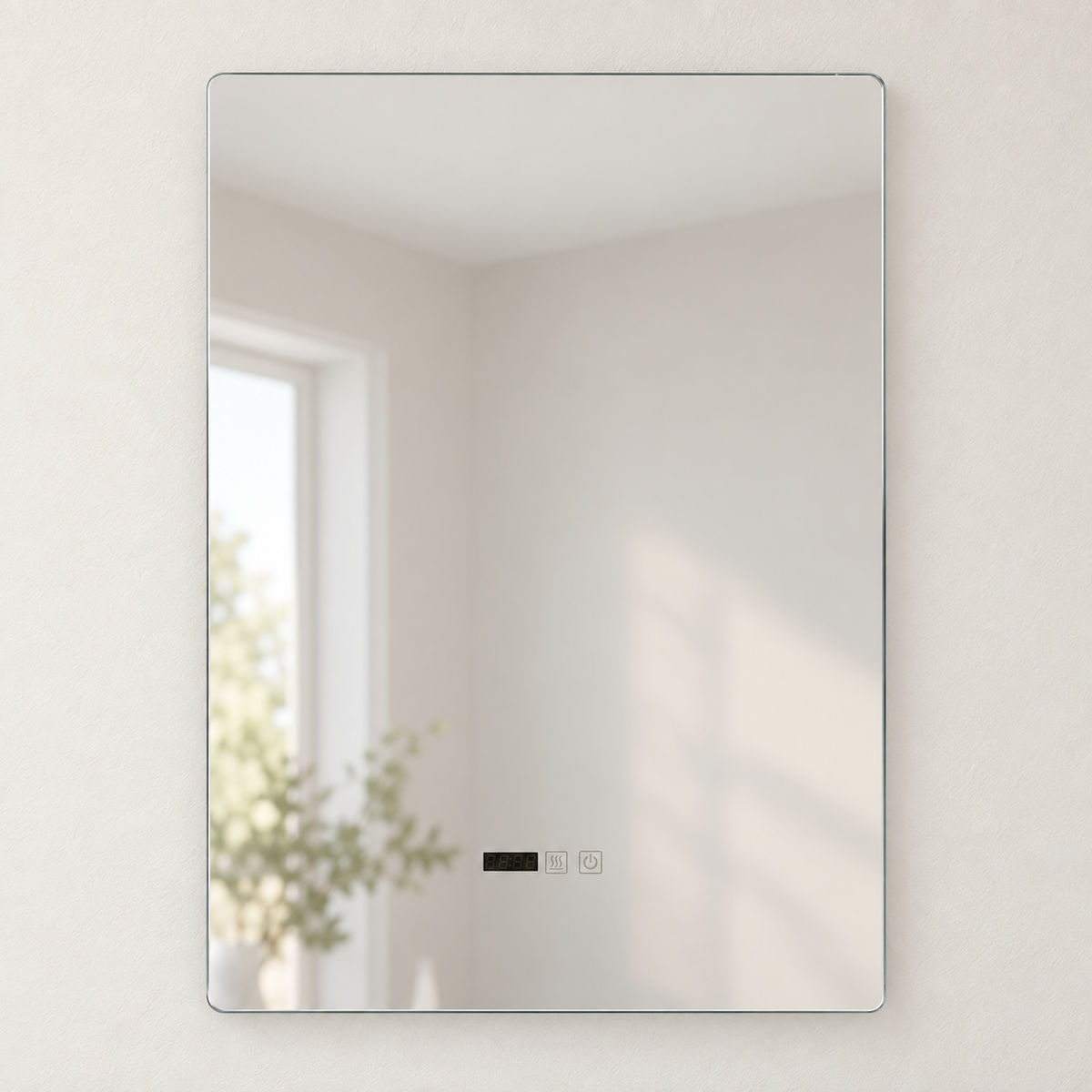 Espejo rectangular vertical apagado con reloj oscuro y controles táctiles