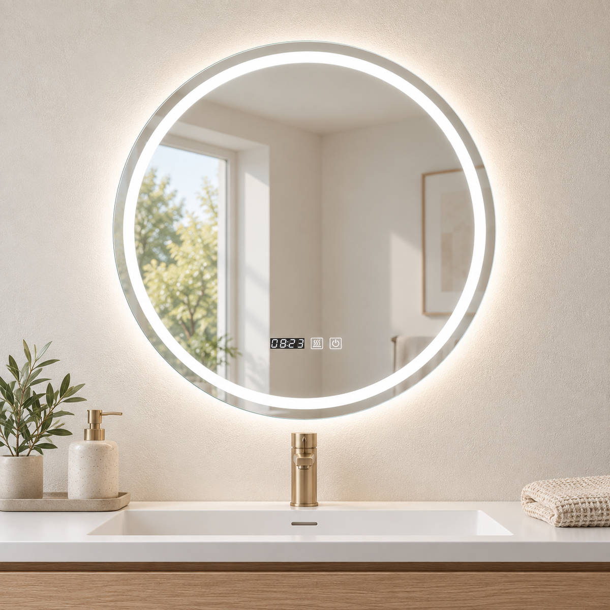 Espejo LED redondo con aro interior blanco, reloj y controles sobre lavabo