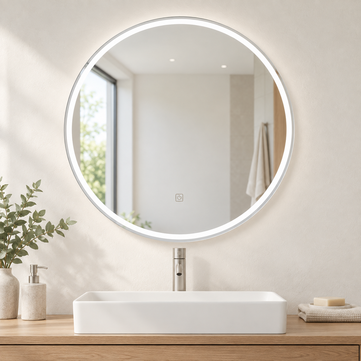 Espejo LED redondo con aro fino de luz neutra sobre lavabo blanco y madera clara