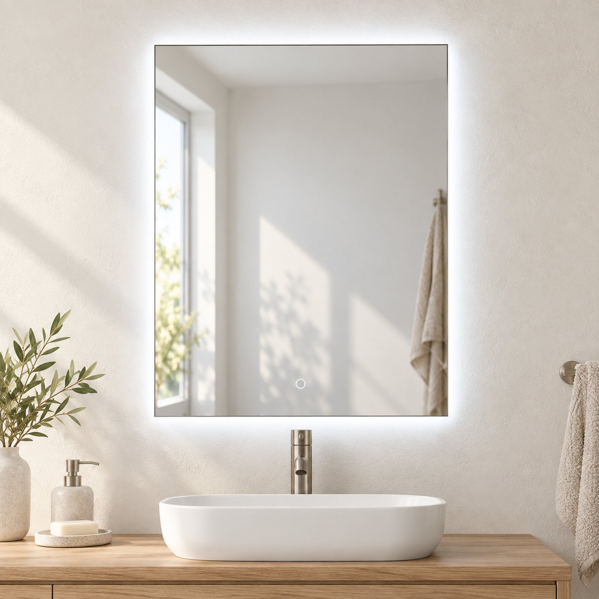 Espejo LED rectangular con halo posterior de luz fría sobre lavabo blanco