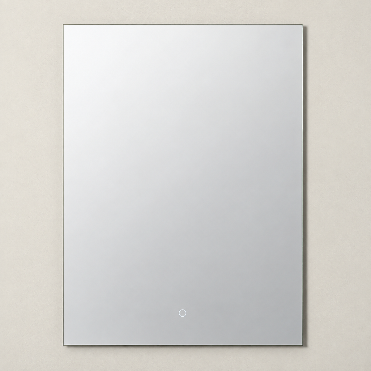 Espejo rectangular apagado con canto fino y control circular inferior