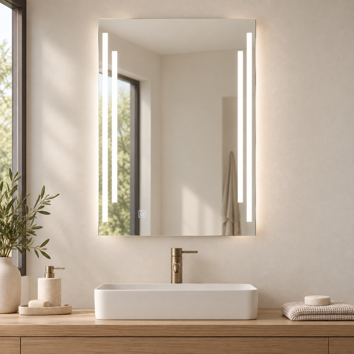 Espejo LED rectangular con dobles franjas laterales encendidas sobre lavabo