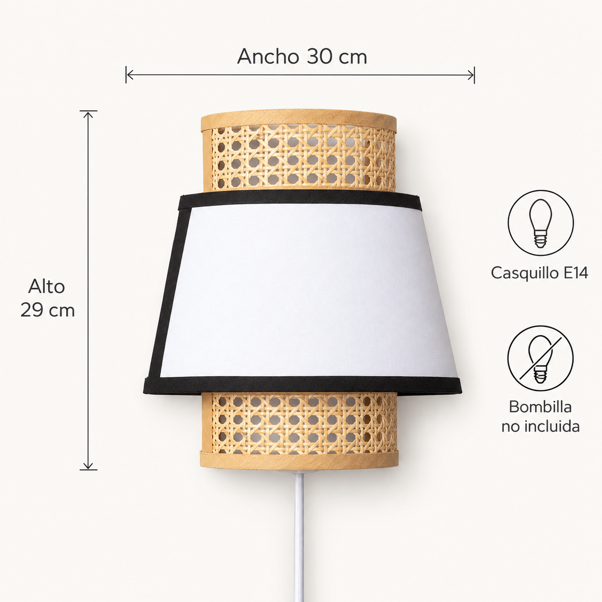 Vista de medidas del aplique: 29 cm de alto y 30 cm de ancho, casquillo E14 y bombilla no incluida