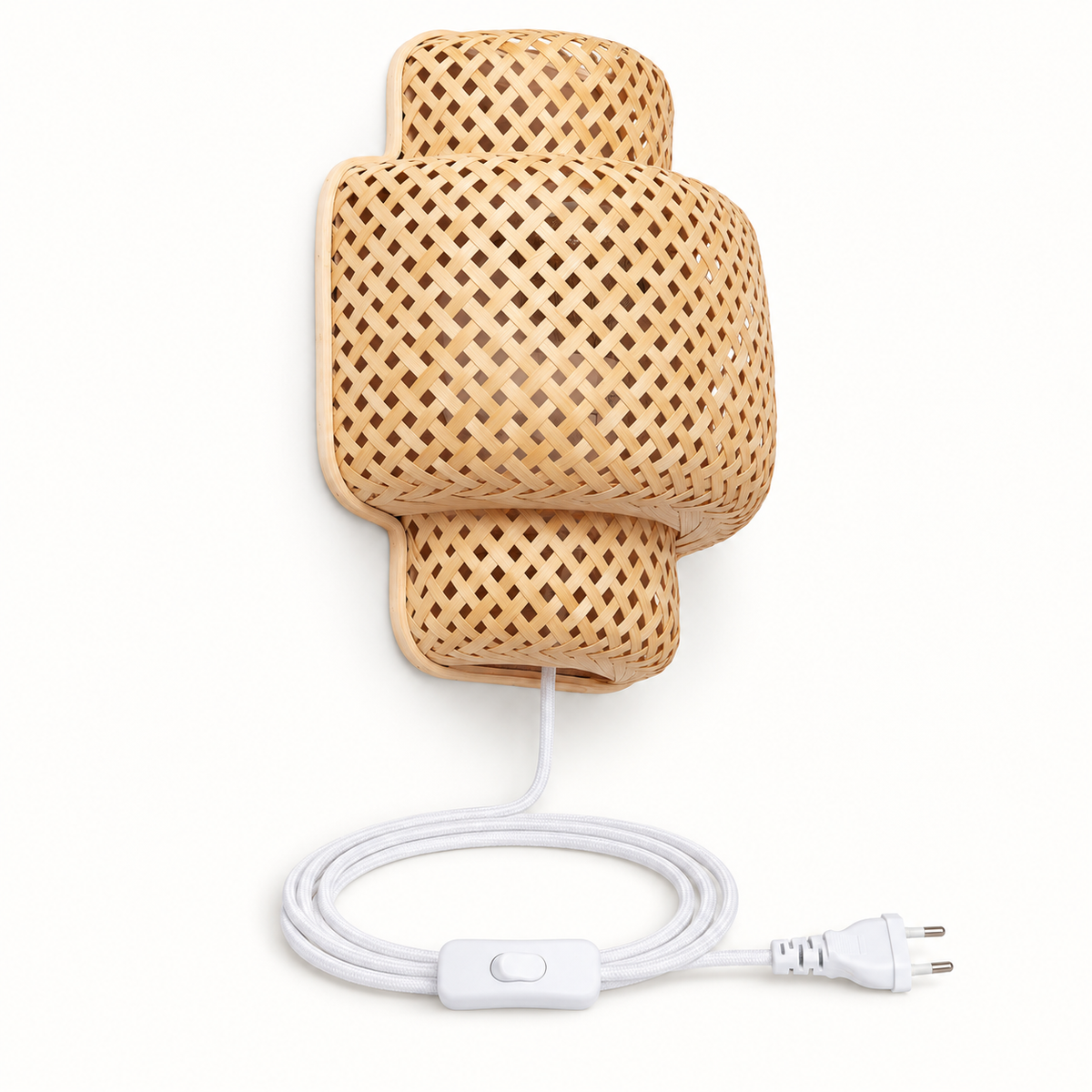 Aplique de bambú apagado con cable blanco trenzado, interruptor y enchufe europeo