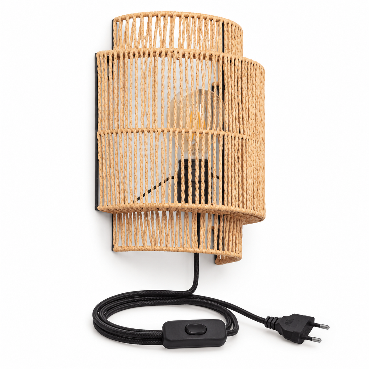 Aplique de fibras trenzadas apagado con cable negro, interruptor y enchufe europeo