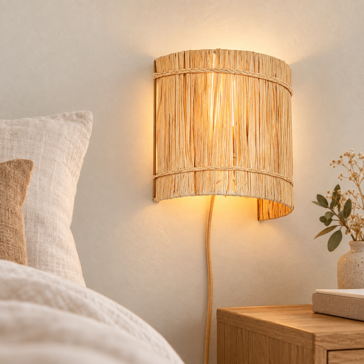 Aplique de pared de fibras naturales cilíndrico E27 natural, instalado en ambiente interior con ejemplo de iluminación cálida