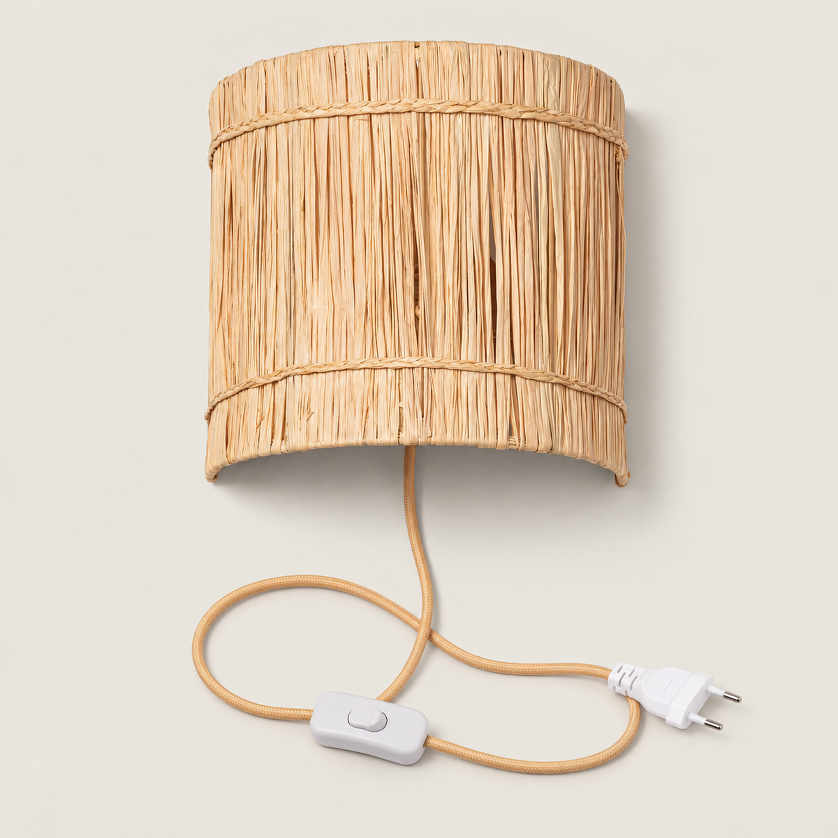 Aplique de pared de fibras naturales cilíndrico E27 natural, apagado, vista completa con cable