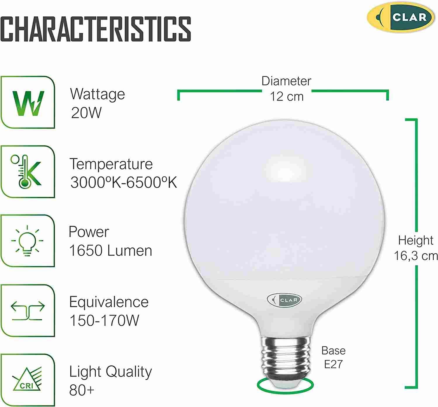 Globo LED E27 20W G120, Bombilla Grande
