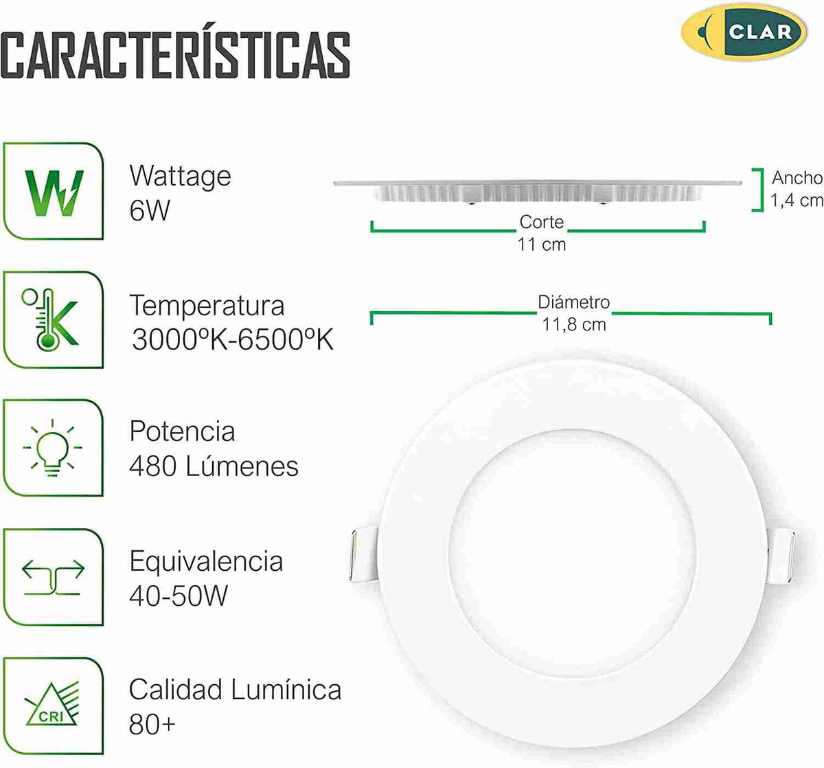 Downlight LED Empotrable 6W Redondo 480lm