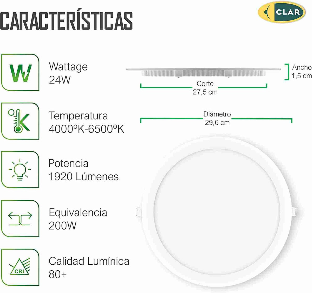 Downlight LED Empotrable 24W Redondo 1920lm