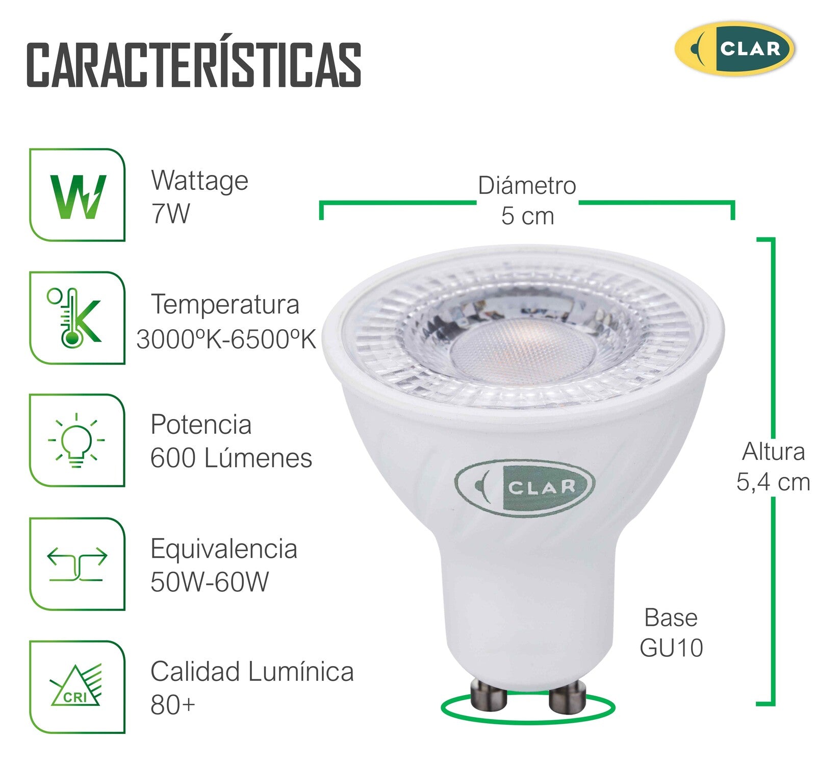 Bombillas LED GU10 LENTE , Dicroica 7W