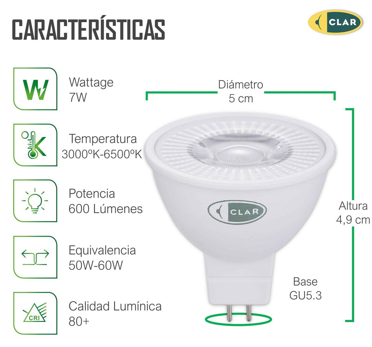 Bombillas LED GU5.3/MR16, Dicroica 7W