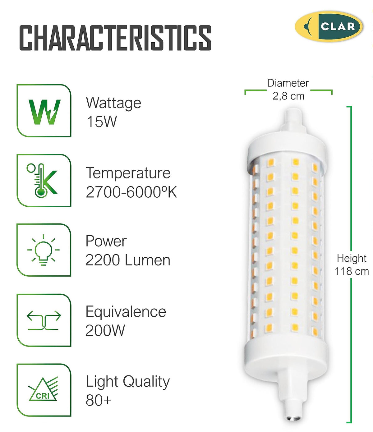 Bombilla R7S LED Regulable 118mm 15W