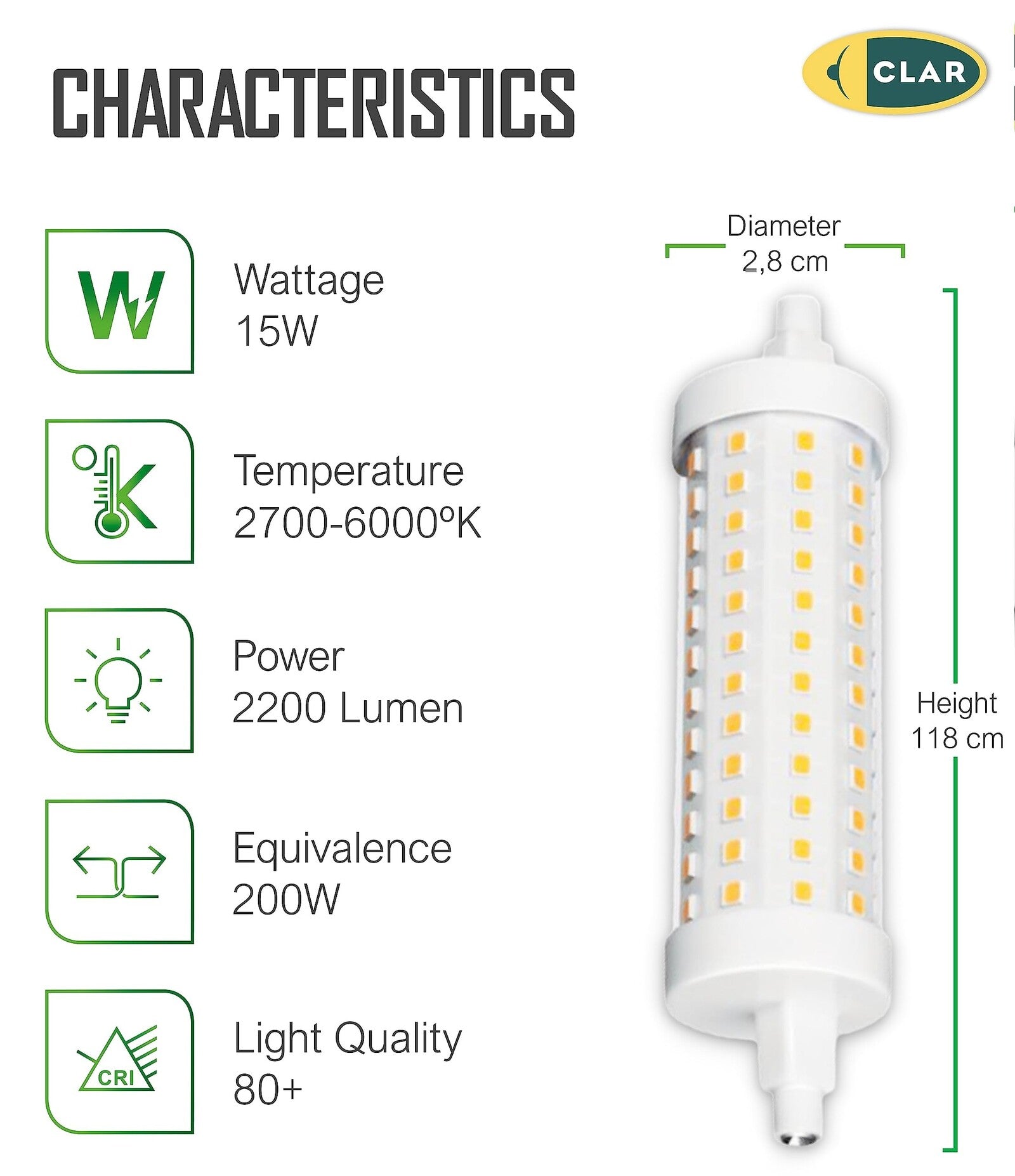 Bombilla R7S LED Regulable 118mm 15W