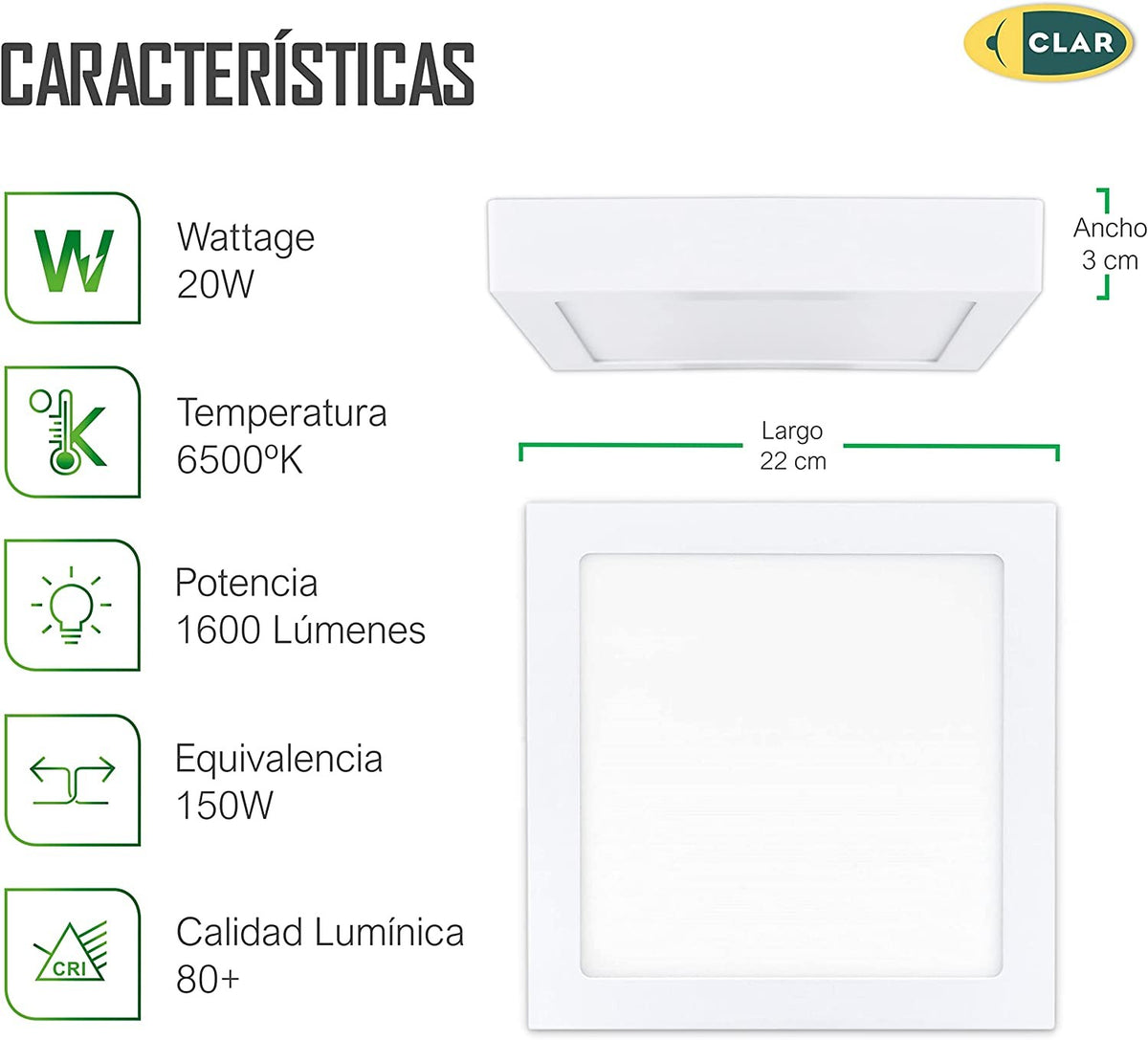 Downlight LED Superficie Cuadrado 20W 1600lm.