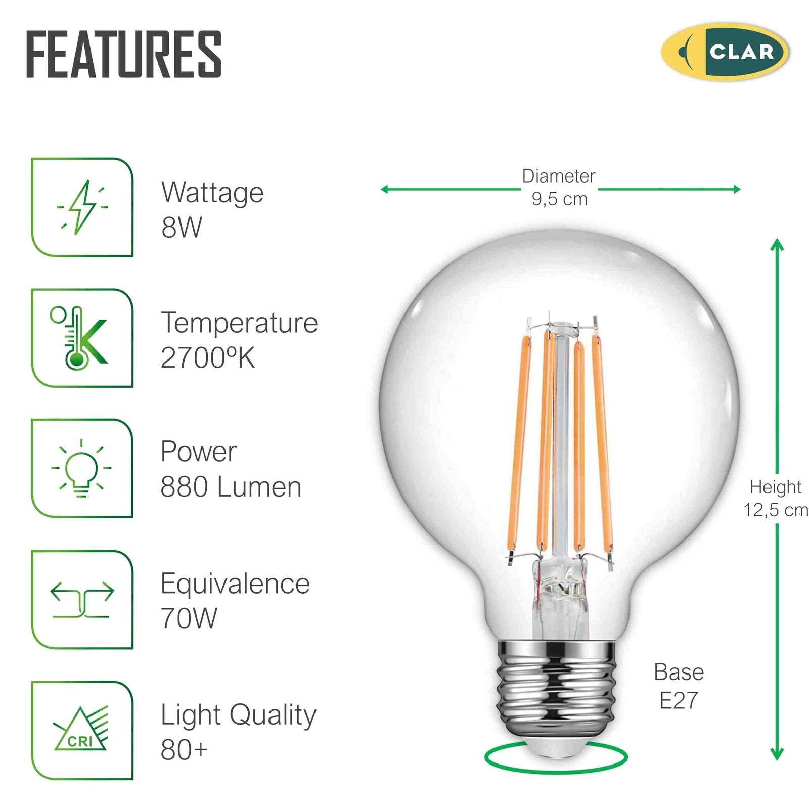 Bombilla LED Filamento E27 8W G95