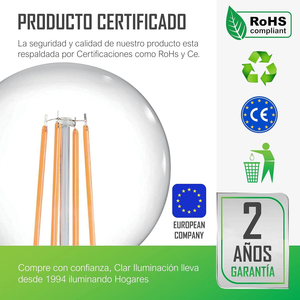 Bombilla LED Filamento E27 8W G95